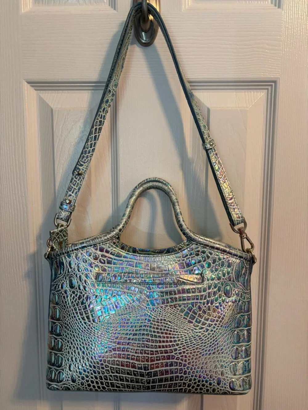 Brahmin Small Elaine Iridescent Croc-Embossed Satchel - Silver Holographic - Picture 2 of 5